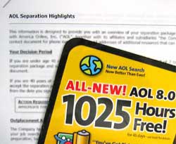 A closeup picture of an AOL 8.0 CS sitting on top of the first pages of Eric's separation agreement.