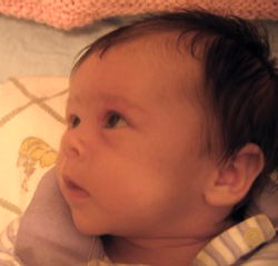 A closeup picture of a baby girl's face in profile, looking off to the left with an expression not unlike wonder.  Or perhaps hunger.