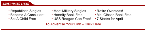 A set of nine advertising links, of which four are clearly to the right of the political spectrum, and another two could be considered to be so. The four are: 'Republican singles', 'Hannity Book Free', 'USS Reagan Cap Free', and 'Mel Gibson Book Free'. The two are 'Meet military singles' and 'Retire Overseas!'.